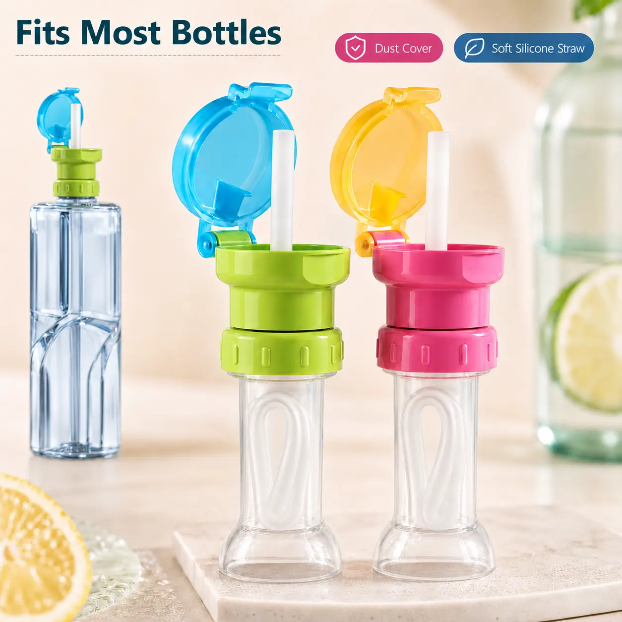 MIUVA 2-PCS Kids Water Bottle Straw Conversion Lid with Silicone Straw, Leak-Resistant Reusable Bottle Cap, BPA-Free Dust Cover Spout Lid for School, Travel, Picnic & Daily Use