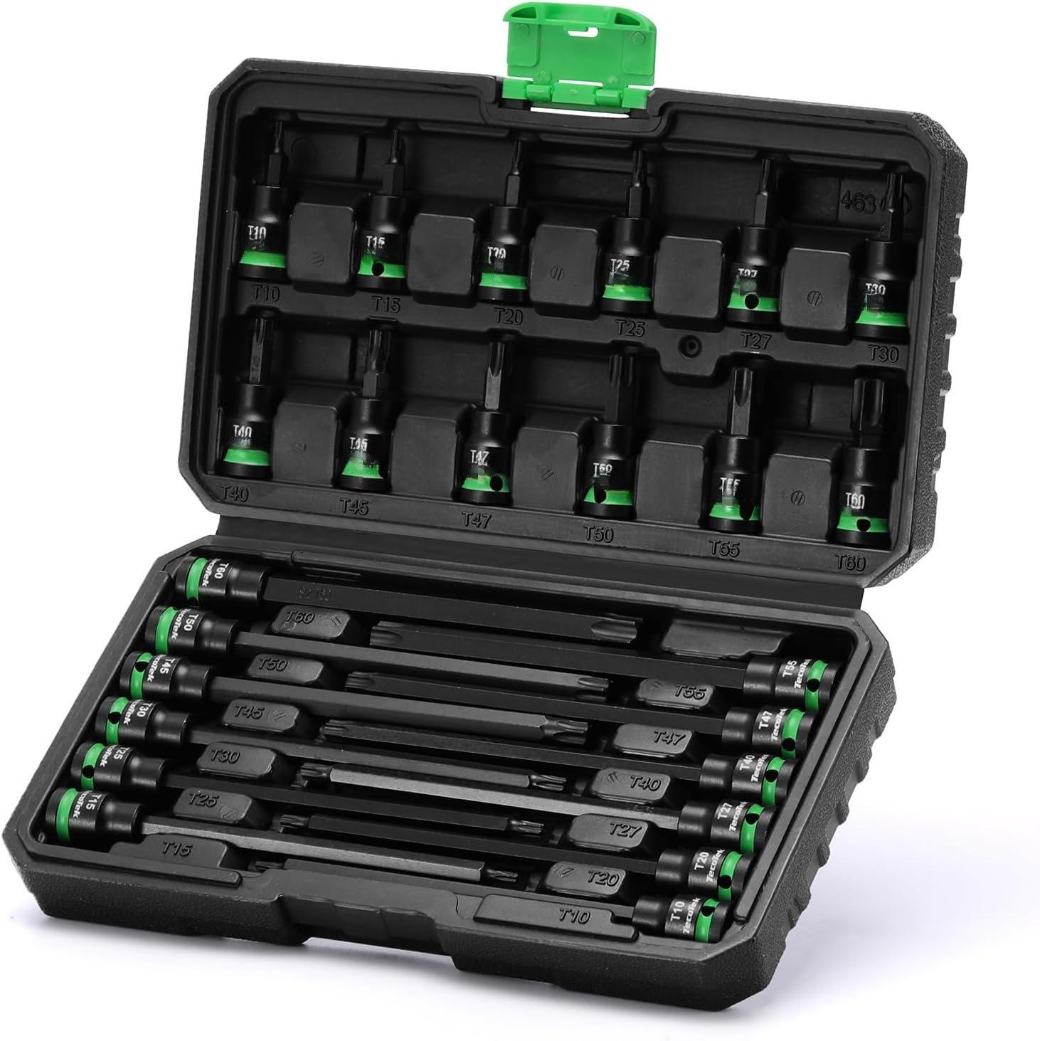 3/8" Drive Impact Torx Bit Socket Set, Extra Long Torx Socket, S2 Alloy Steel Bit Sockets, 24 count Bit Set, T10-T60, 2in & 6in Long, CR-V & S2 Alloy Steel Set, Enhanced Storage Case 3/8" Drive Impact Torx Bit Socket Set, Extra Long Torx Socket, S2 Alloy Steel Bit Sockets, 24 count Bit Set, T10-T60, 2in & 6in Long, CR-V & S2 Alloy Steel Set, Enhanced Storage Case