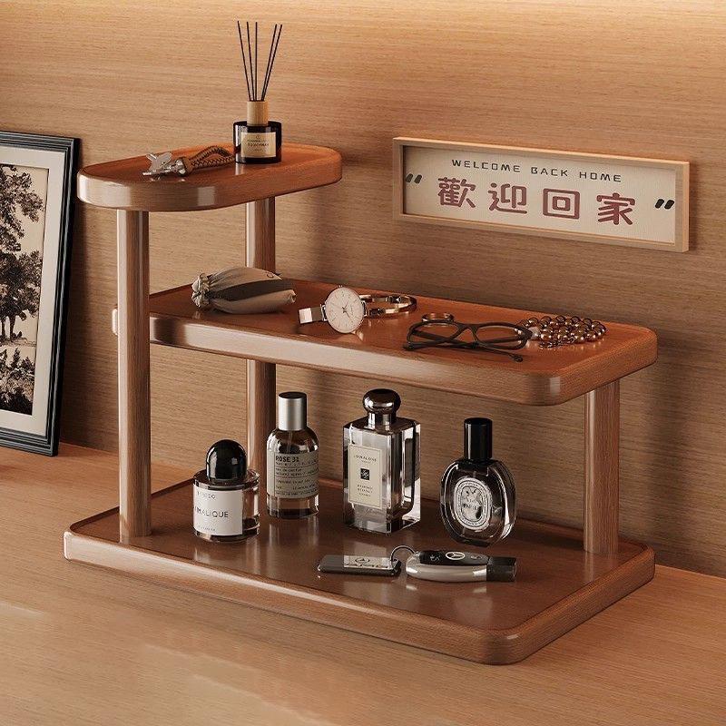 Solid Wood Multi Tier Desktop Display Shelf Modern Light Brown Freestanding Storage Rack No Assembly Needed Space Saving for Bathroom Kitchen Bedroom Vanity Retail Display Stand