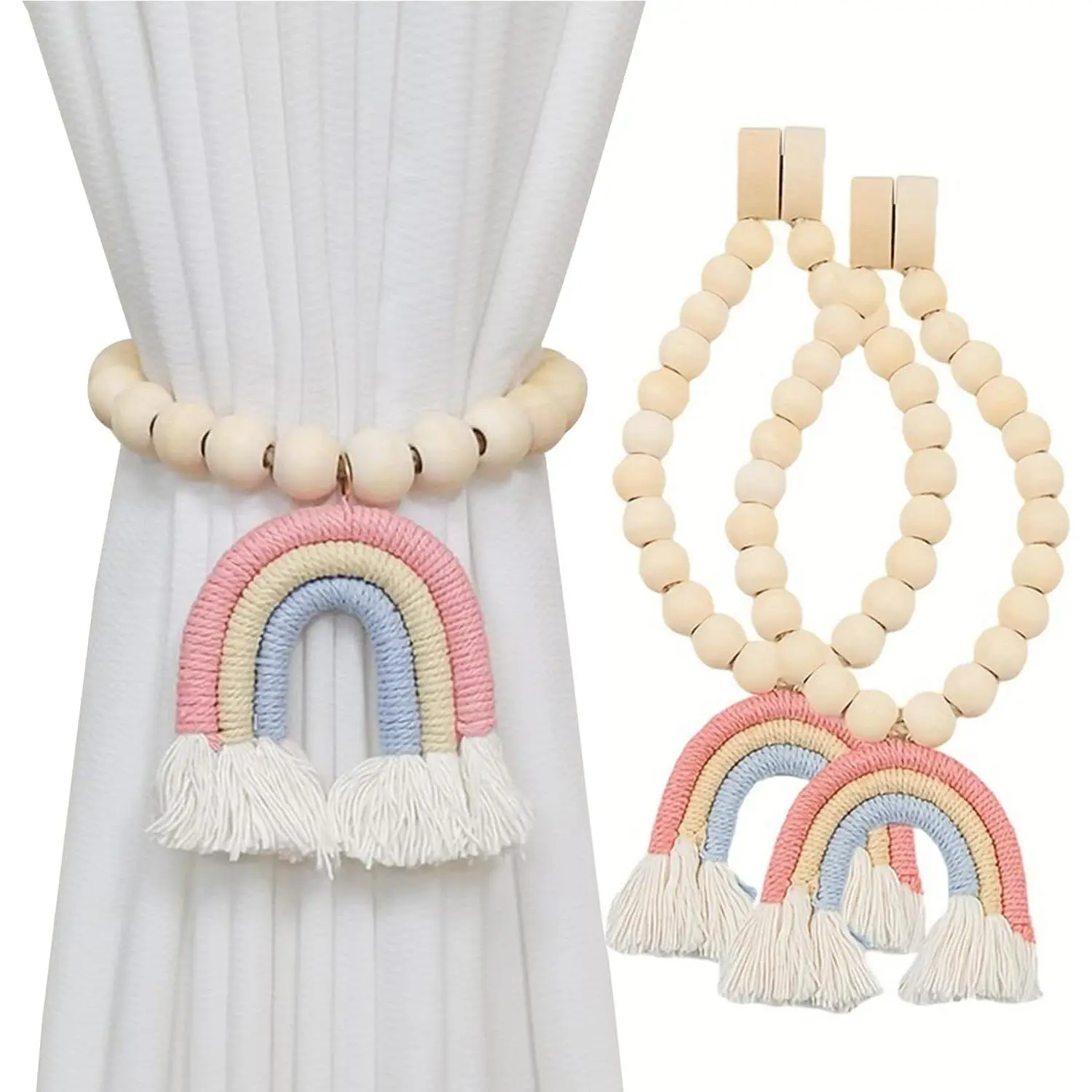 2 count Wooden Beaded Curtain Tiebacks, Tassel Curtain Buckles  Curtain Buckles, Rainbow Tassel Curtain Tiebacks No Punch Decoration ()