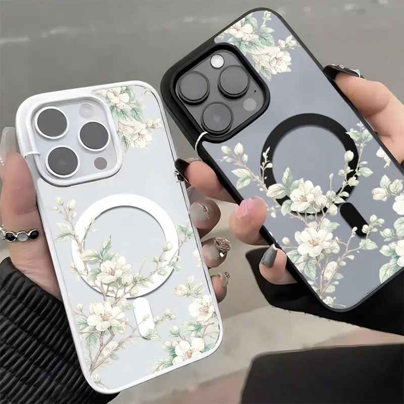 White Blossom Branch Phone Case Delicate Watercolor Floral Style for Samsung Galaxy iPhone 17 16 15 14 13 12 11 Plus Pro Max Acrylic Frosted Magnetic Suction Case