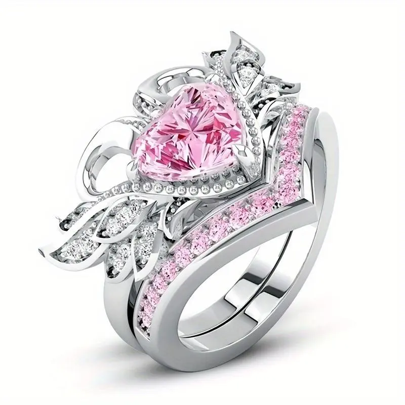 Elegant 2pcs Silvery & Pink Heart Swan Cubic Zirconia Rings - Symbol of Eternal Love, Promise Ring Set for Her, Perfect Birthday or Party Gift, Oxidized Zirconia, Party Jewelry