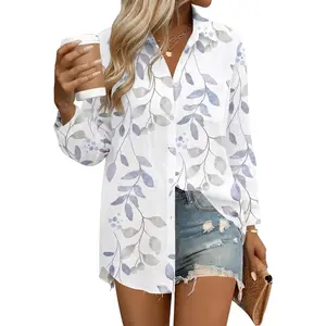 Womens Button Down Shirts Linen Cotton Long Sleeve Blouses Casual Collared Loose Fit Gauze Tops with Pocket