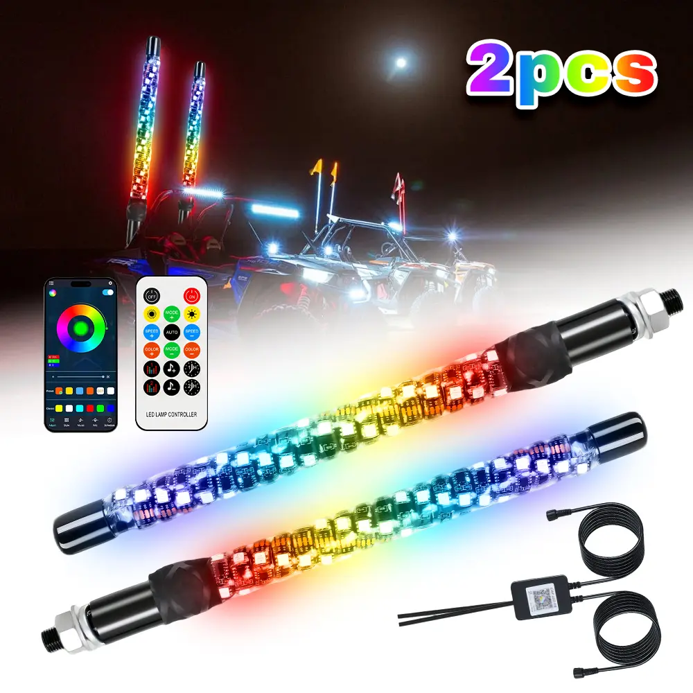 1ft RGB LED Whip Light Pair Pack, IP67 Waterproof LED Lights with Bluetooth APP, RF Remote Control, Spiral Illuminated Antenna, 12V DC Power, Aluminum Base for Off-Road Users