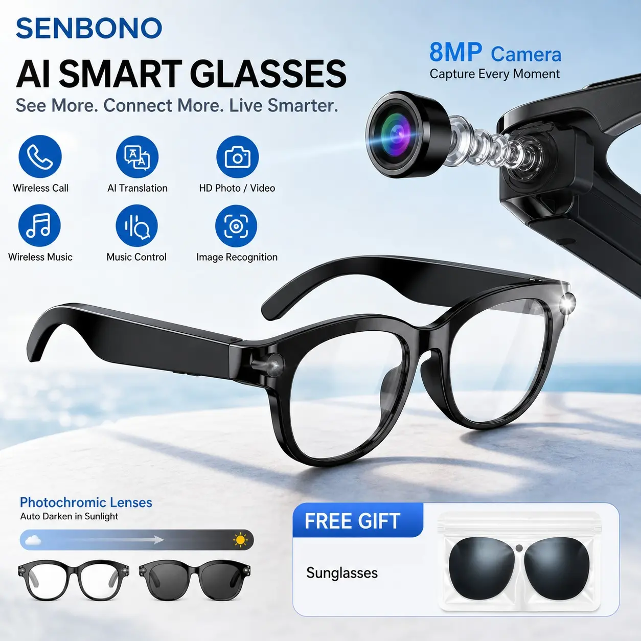 SENBONO Ai Glasses, Photo Video Recording, Music Control, Bluetooth-compatible Calling, Ai Voice Assistant, Offline Mode, Smart Wearable New Arrival, Video Camera Glasses