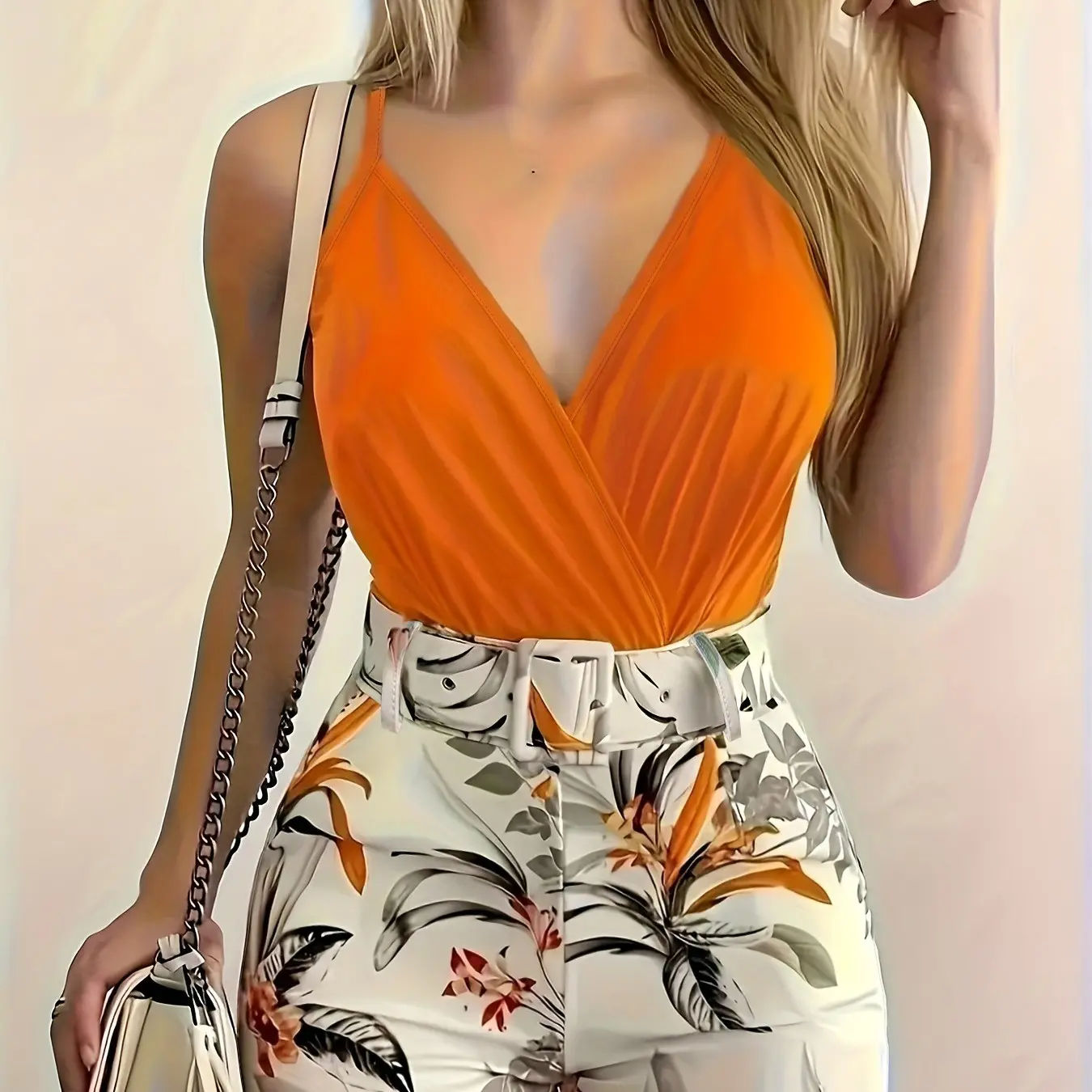 Women's V Neck Sleeveless Top & Plant Print Shorts Set with Belt, Summer Matching Set, Summer Tropical Floral Outfit, Perfect for Vacation, Beach and Casual Daily Wear, High Waist Fitted Design