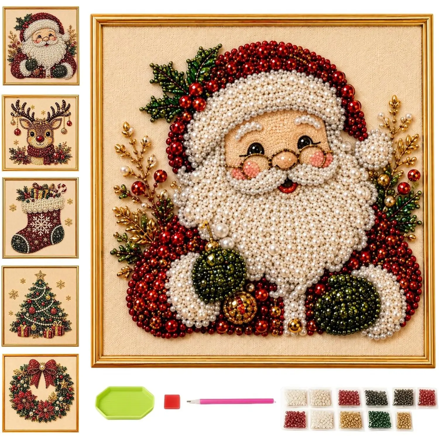 DIY Christmas Pearl Diamond Painting Art Kit with Frame, (12*12in)3D Beaded Craft Mosaic for Adults Beginners Santa Tree Reindeer Wreath Stocking Home Wall Decor Relaxing Stress Relief Gift(Santa)