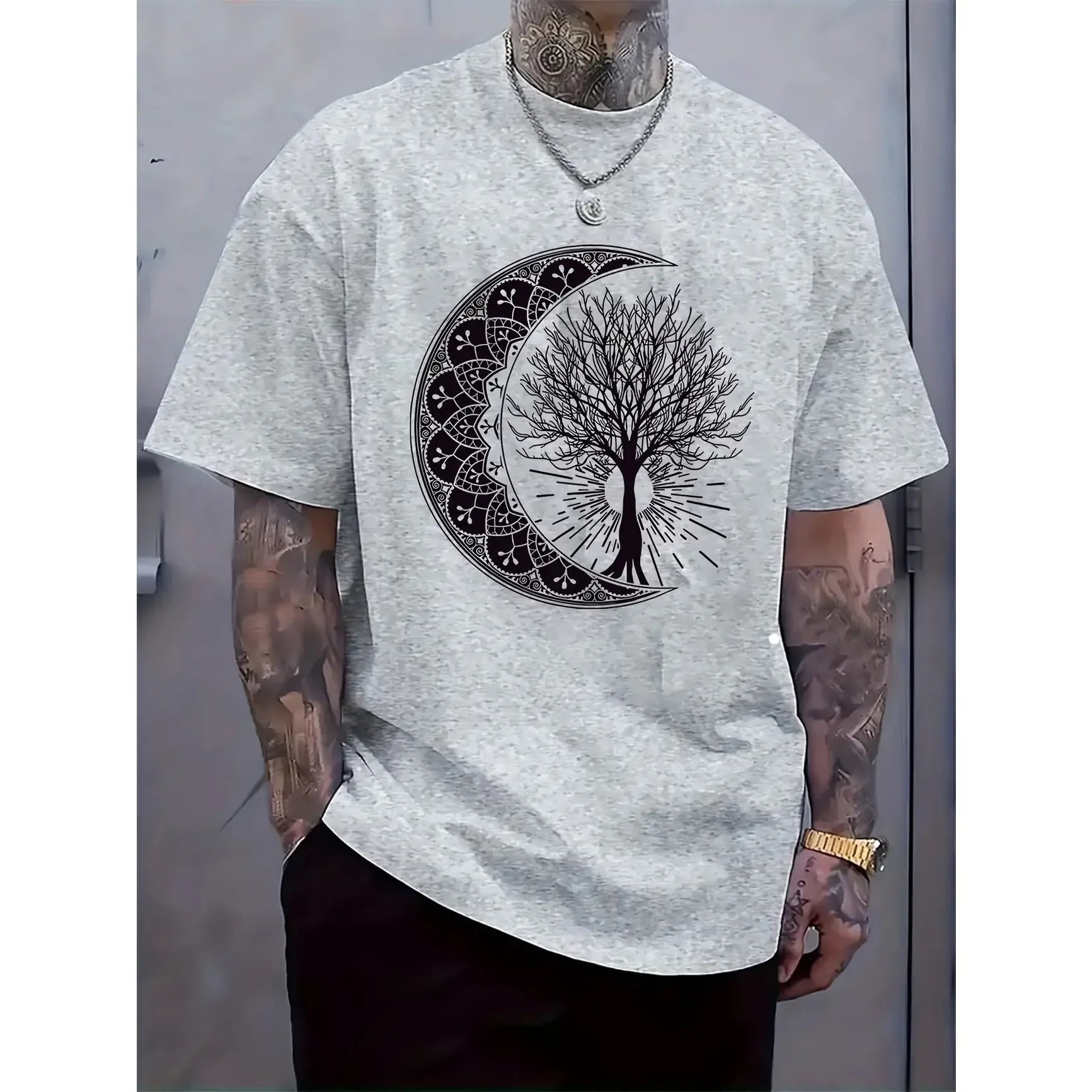 Spiritual Mandala Graphic Tee – Moon & Tree of Life Design, Bohemian Cotton Shirt, Perfect Gift for Him or Her, Best Yoga or Meditation Outfit for Friends