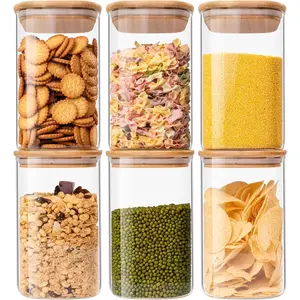 Glass Food Storage Jars 37 oz Set of 6,Glass Storage Containers Clear Glass Food Canister with Bamboo Lid Airtight For Serving Tea, Coffee, Flour, Sugar, Candy, Cookie, Spice and More (Square)Gift.