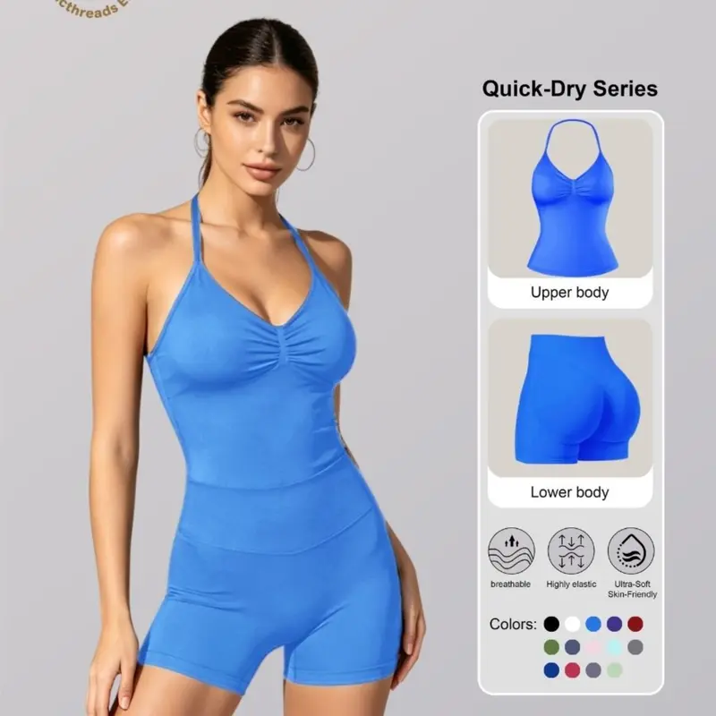 Bootie Lifting & Snatched Waist Yoga Set, Halter Ruched Top + High Waist Sculpting Shorts, Ideal for Gym, Yoga, Activewear, Gym Workout Set, High Stretch Sporty, Gym Clothes Workout, Women Workout Clothes