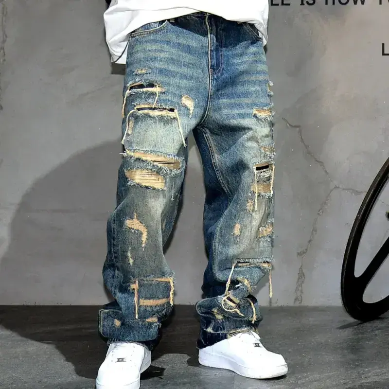Men Baggy Straight‑Leg Ripped Denim Jeans, Distressed Patchwork Skateboard Street‑Wear Pants, Casual Urban Fashion Workwear Loose‑Fit Trousers For Daily Outing