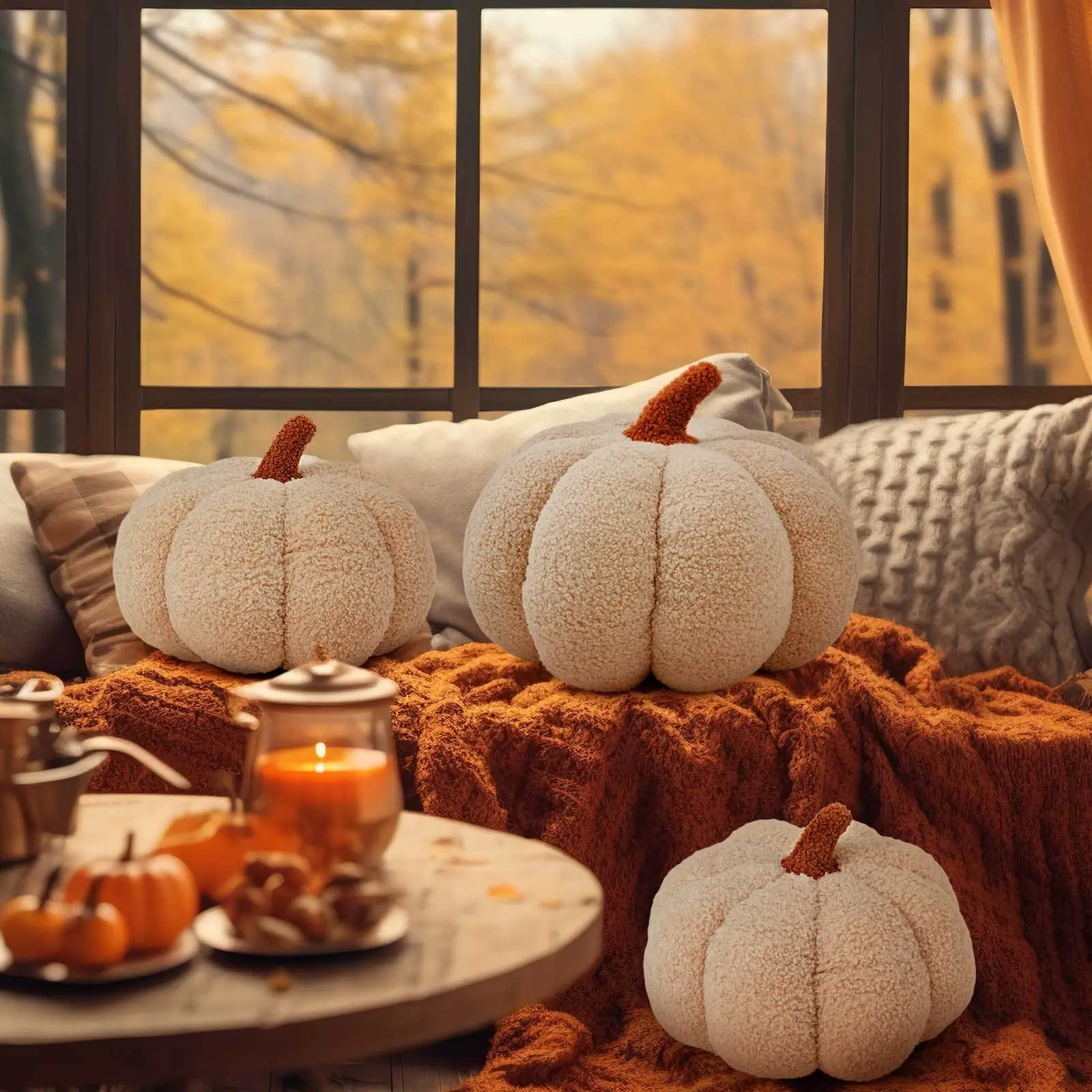 3pcs Pumpkin Pillow Fluffy 3D Simulated Pumpkin Shaped Pillow for Fall Thanksgiving Halloween Decor Cushion Bedroom Sofa Couch Supplies (Beige)