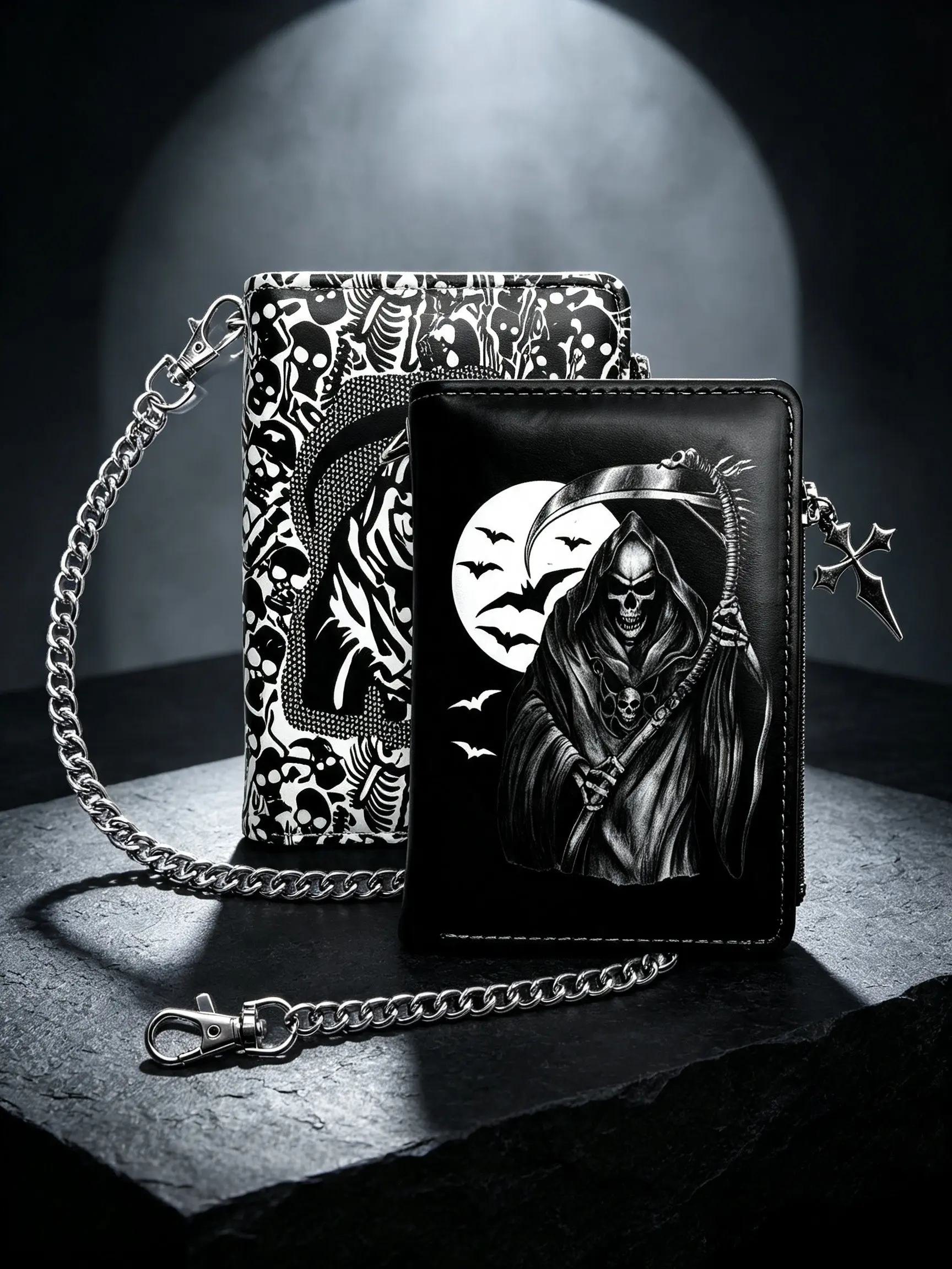Gothic Skull Curved Knife Chain Wallet, PU Leather Multi-Card Slot Zipper Card Holder, Punk Fashion Unisex, Halloween Accessory