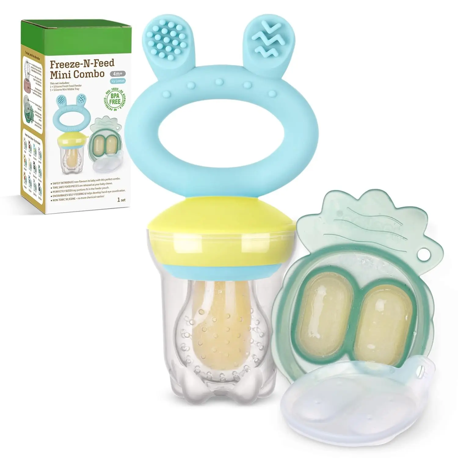 BPA-Free Baby Fruit Feeder & Mini Freezer Nibble Tray Combo Set, Silicone Self-Feeding Pacifier, Breastmilk Popsicle Molds for Teething & Cooling Relief, Freeze-N-Feed Design (Blue)