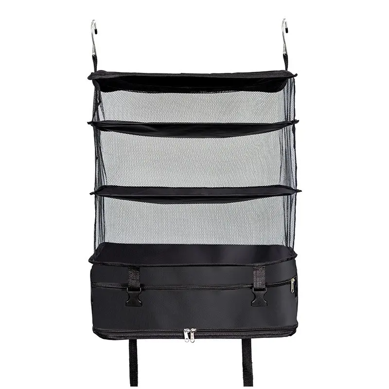 4-Layer Breathable Mesh Foldable Hanging Travel Organizer, Portable Luggage Storage Rack with Zip Pockets and Metal Hooks, Space-Saving for Hotels and Business Trips
