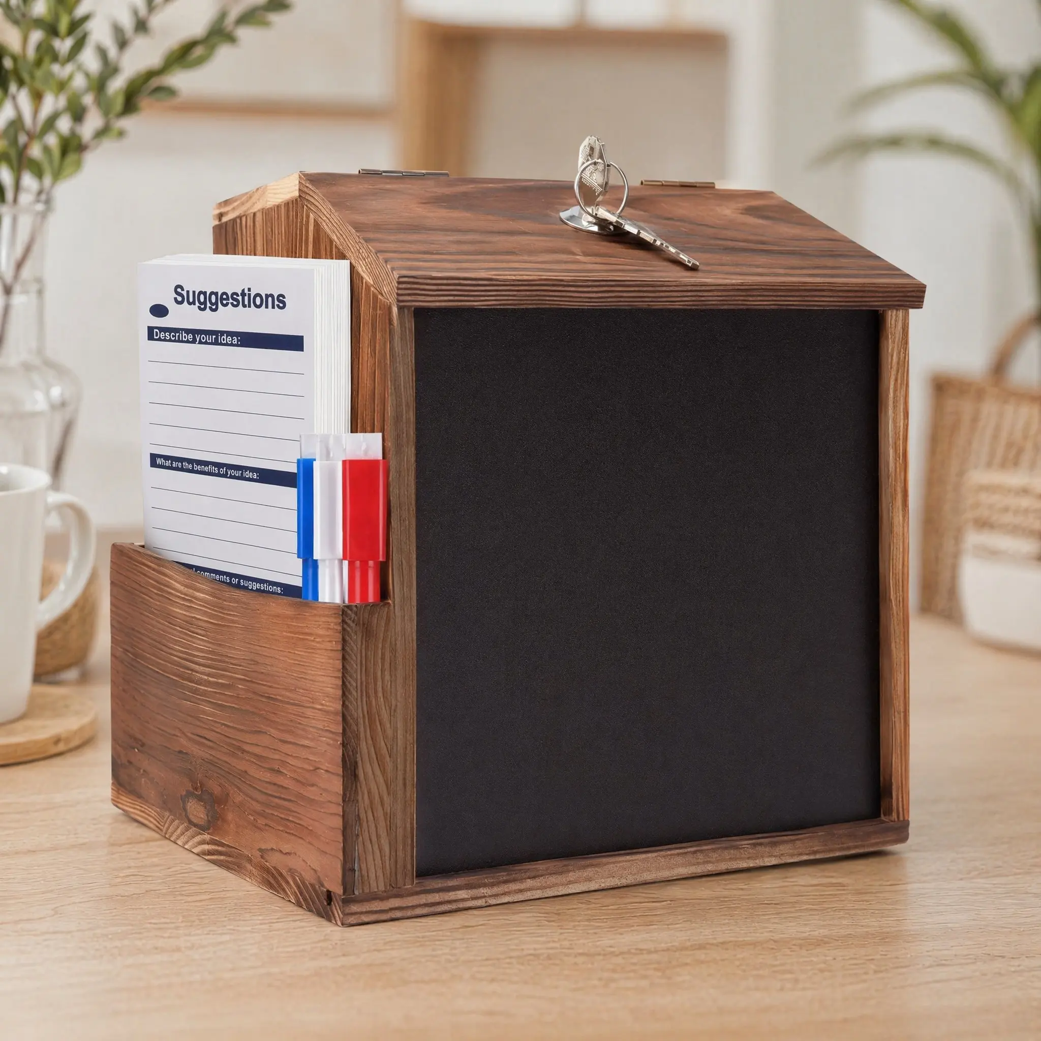 2-Pack Wooden Lockable Suggestion Box with Chalkboard & Pen Slot, Locked Donation Ballot Box, Wall & Countertop Mount Prayer Tip Collection Box for Church Office School