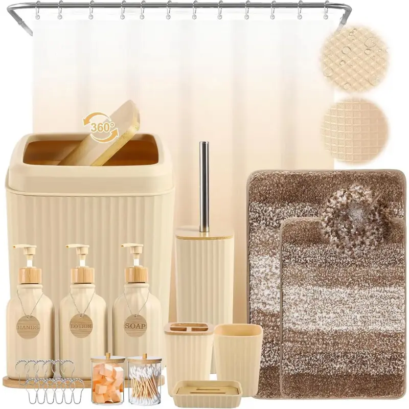 32PCS Bathroom Sets with Shower Curtain and Rugs Beige Bathroom Accessories Set Shower Curtain Set 3PCS Lotion Soap Dispenser Bathroom Accessories with Black Bathroom Decor