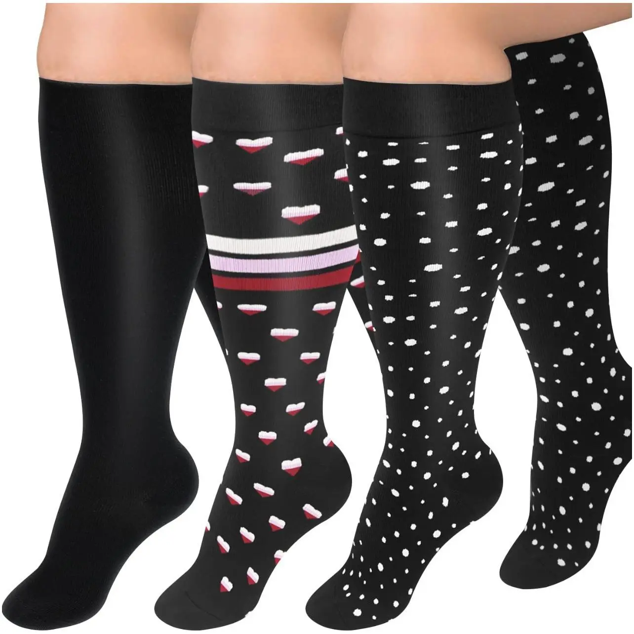 Women's 3 Pairs Cute Casual Assorted Dot Print Plus Size Wide Calf Compression Socks - Soft Nylon Fabric, Reduces Leg Fatigue for Everyday Work, Fitness Coordinate Use