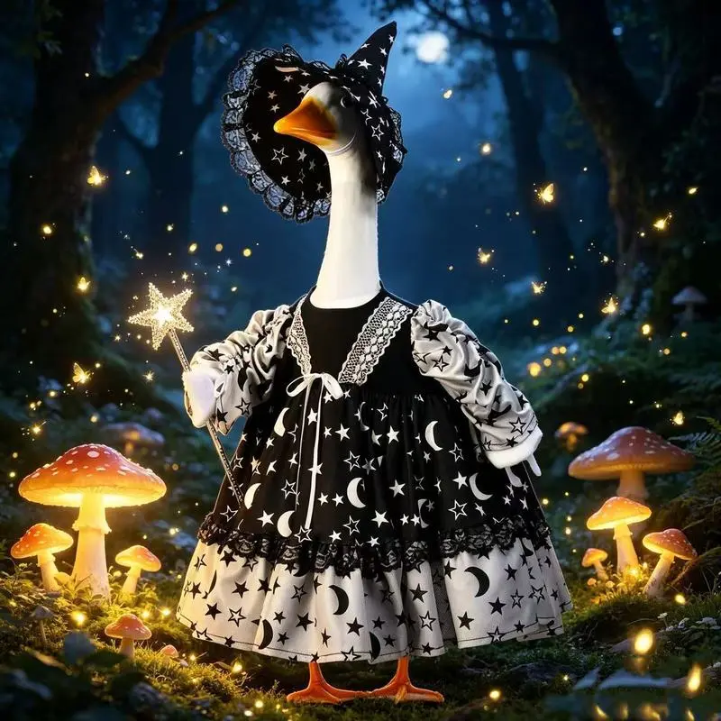 Halloween Witch Goose Costume Outfit, Black Moon Star Print Lace Dress with Witch Hat & Star Magic Wand, 23 Inch Lawn Goose Statue Clothes, Outdoor Garden Yard Fall Halloween Decor Accessories