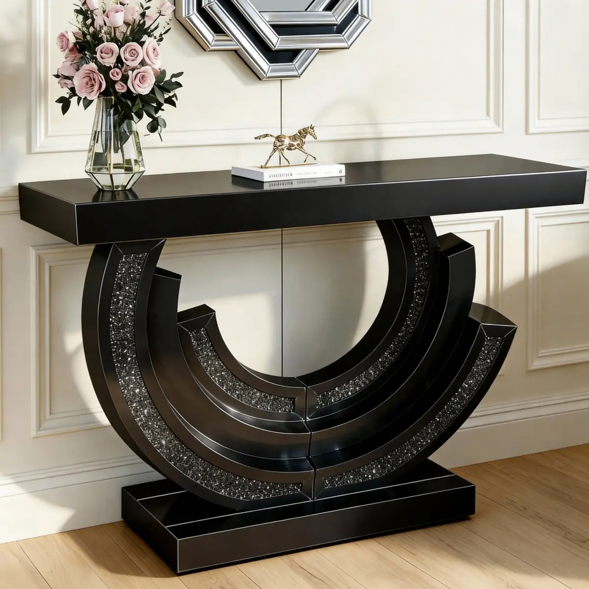 Mirrored Console Table, 42.9" Rectangle Sofa Table with Sparkling Crystal Half-Moon 3C Shaped Base, Modern Luxury Mirrored Furniture with Diamond Glass Effects