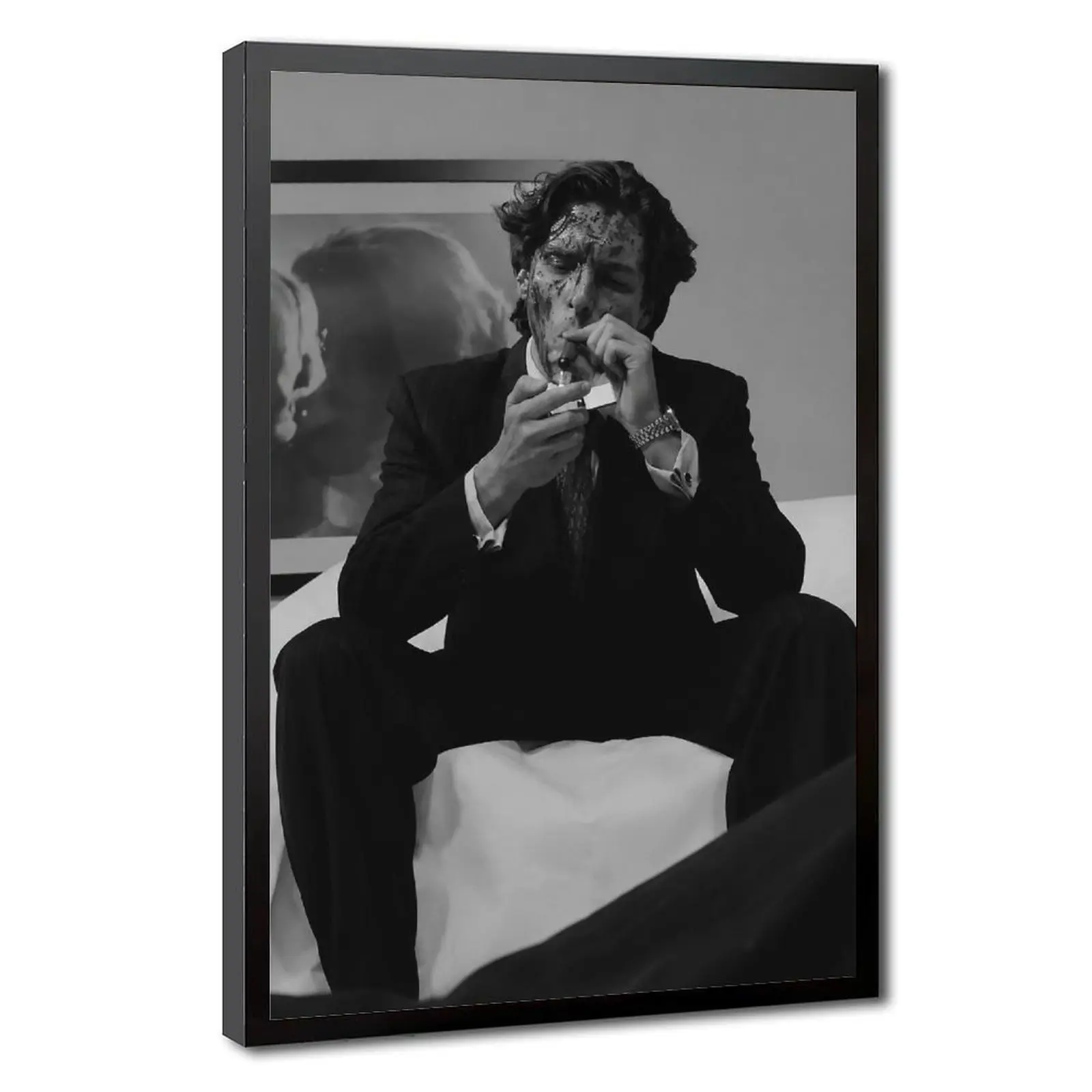 American Psycho Patrick Bateman Minimalist Framed Art Print - 1-Piece Thriller Cult Movie Artwork, UV Resistant Ink Wood Frame, Dark Aesthetic Hanging Poster with Hanger for Living Room, Halloween Decor, Includes Hanger