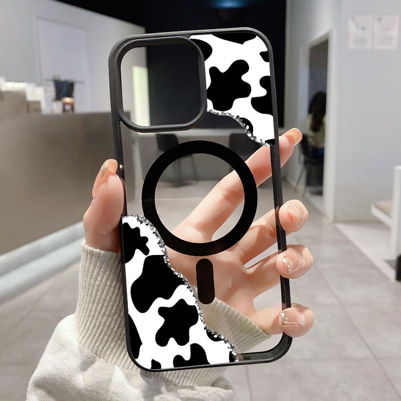 Cow Print Corner Pattern Magnetic Phone Case for IPhone 17 Pro Max 16 Plus 15 14 13 12 11 Air E Plus Non-Yellowing Clear Crystal Drop-proof Slim Silicone Shockproof Transparent Acrylic Cover Supports Wireless Charging