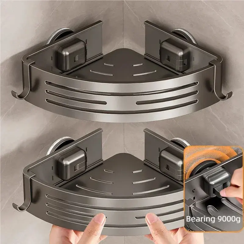 A series of non-perforated bathroom corner shelves, shampoo and cosmetics storage racks, and plastic kitchen storage racks