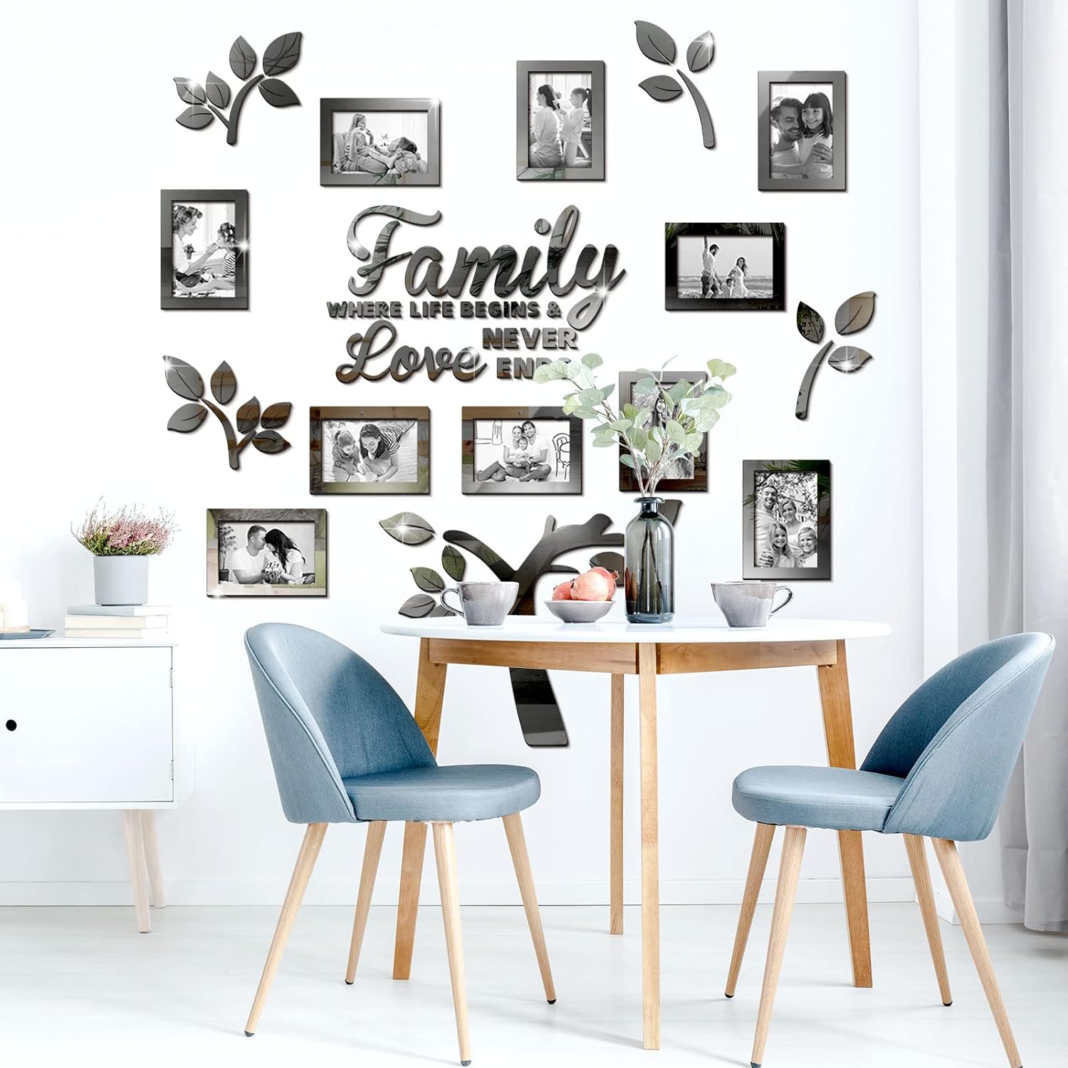 SUNDAY MIRTH Family Tree Wall Decal  3D DIY Mirror Sticker Photo Frames Removable Wall Art Decals Home Decorations for Living Room Bedroom Kitchen Dining Office,  x  Inch(Black)