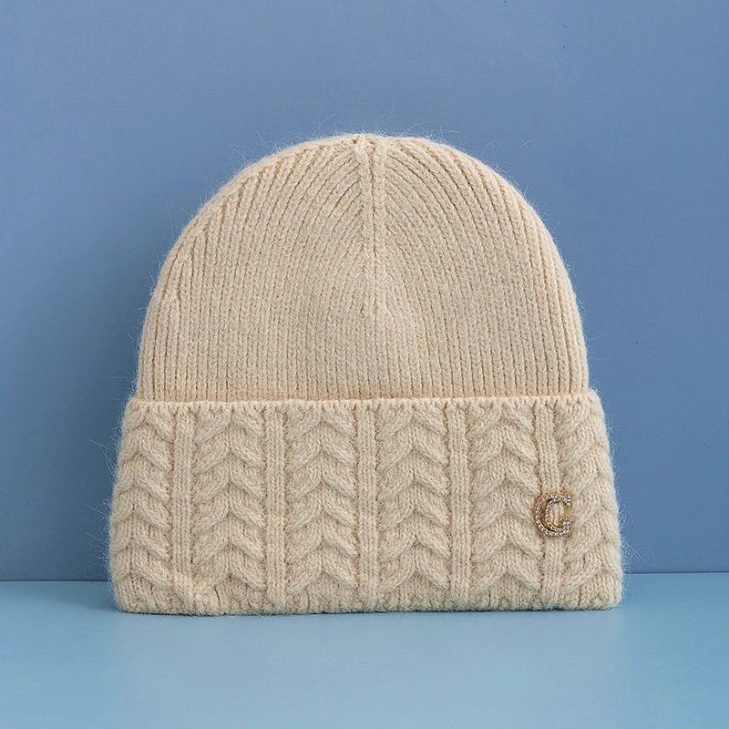 New Style Simple Chic Winter Hat G Letter Decor Rabbit Fur Beanie Elegant Winter Hats For Women Candy Colors Warm Knit Hats
