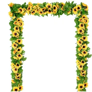 4 Pack Artificial Sunflower Garland Silk Sunflower Vine Artificial Flowers with Green Leaves Wedding Table Decor