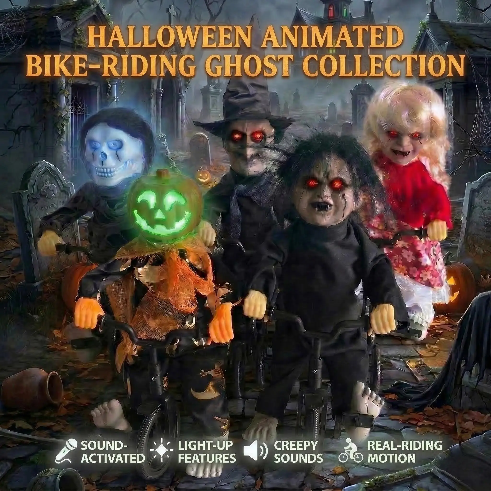 Halloween Pumpkin Witch Skull Horror Prank Decorative Light, Sound-Activated Glowing Bike Toy, Perfect for Halloween Decoration