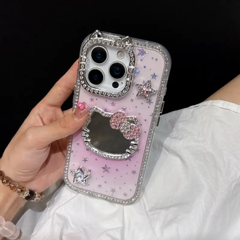 Girly Glitter Star Cat Mirror Phone Case For iPhone 18 17 16 15 14 13 Pro Max Plus, 3D Shockproof Protective Case