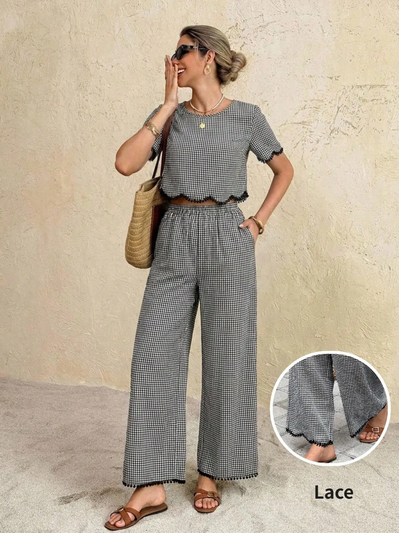 Women's Gingham Matching Set | Short Sleeve Crop Top & Wide Leg Pants Casual Lightweight Summer Vacation Outfit Clothes