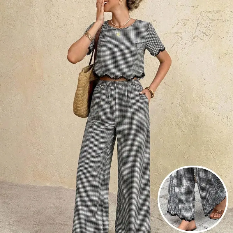 Women's Gingham Houndstooth Matching Set | Short Sleeve Crop Top & Wide Leg Pants Casual Lightweight Summer Vacation Outfit Clothes Casual Pantsuit