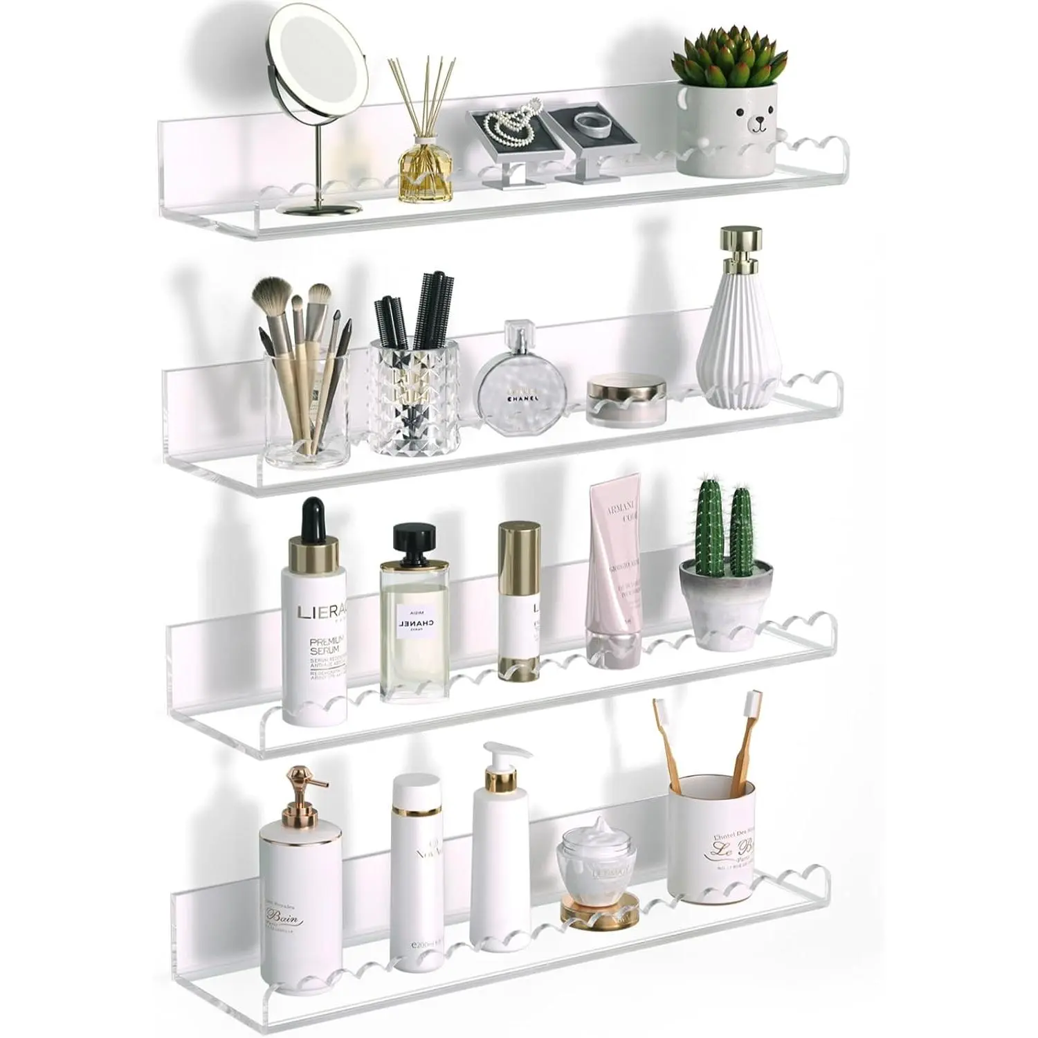Clear Acrylic Shelves, 4 Pack 12 Inch Scalloped Edge Wall Mounted Floating Shelves, Pop Shelves, Invisible Bathroom Shelf Book Shelf, CD Shelf for Home Deco (Clear Scalloped Edge 4 Pack)