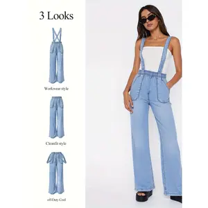 Casual Women'S Denim Overalls| Elastic Waistband with Drawstring, Loose Leg Cut, Two Large Front Pockets, Shoulder Straps Running Diagonally, Vintage Style, Medium Stretch Fabric, Cut, Long Length