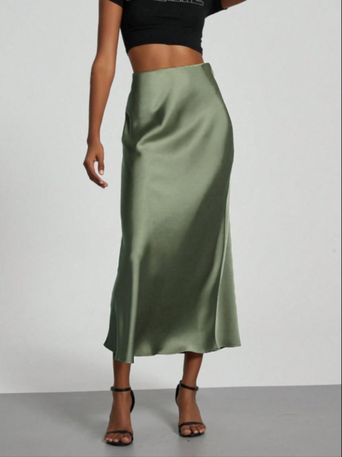 Women's Solid Color Satin Slim Skirt, Elegant Fashion Skirt for Work Office Business, Ladies Clothes for All Seasons