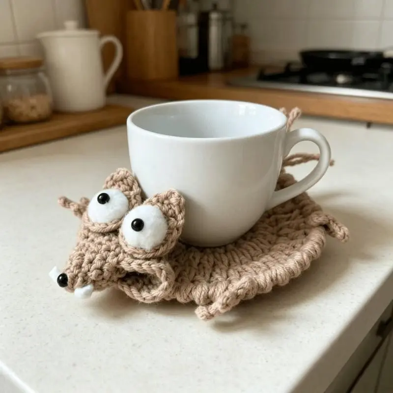 1 animal-shaped woven coaster, handmade and soothing style, 3D shape, made of durable cotton yarn. Suitable for home users or students, it protects your desk from hot cups and adds a cute touch to your workspace.