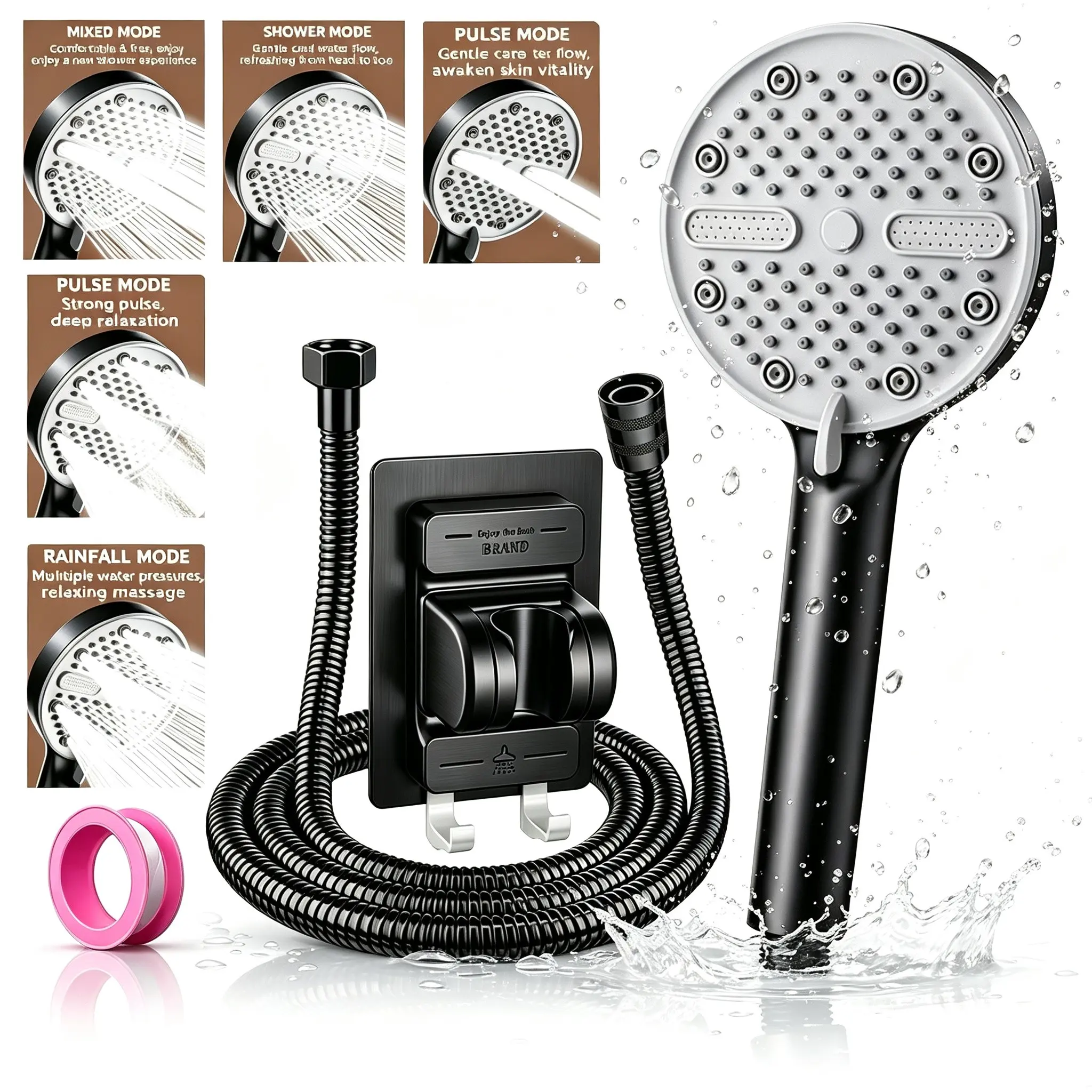 5-Head Shower Head Set with 59-Inch Hose and Bracket, Large Panel Handheld Shower Head, Bathroom Upgrade Kit, Home Essentials