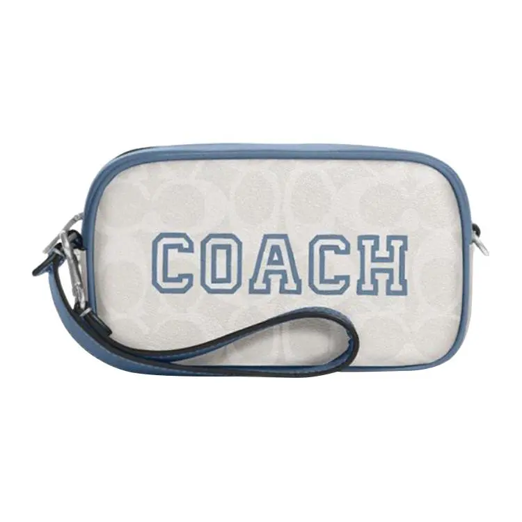 COACH Jamie 18 Classic Monogram Wristlet Clutch Bag for Women, Chalk White and Indigo Blue, Zip Women's Handbags, Monogrammed Women's Handbags