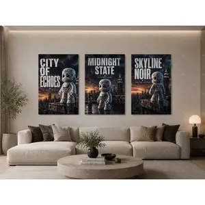 Urban Skeleton Doll Triptych Canvas Poster Set, Grunge City Wall Art, "City of Echoes" "Midnight State" Print for Teen Bedroom, Living Room, Office, Modern Aesthetic Home Decor Gift,wall decor,poster.