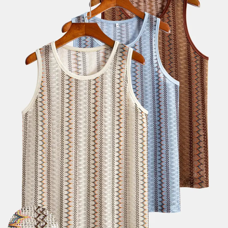 Men's 3-Piece Retro Striped Hollow Out Breathable Knit Tank Tops Crew Neck Tank Vests Sleeveless Tanks for Summer Beach, Workout, Street & Loungewear