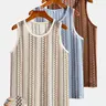 Men's 3-Piece Retro Striped Hollow Out Breathable Knit Tank Tops Crew Neck Tank Vests Sleeveless Tanks for Summer Beach, Workout, Street & Loungewear