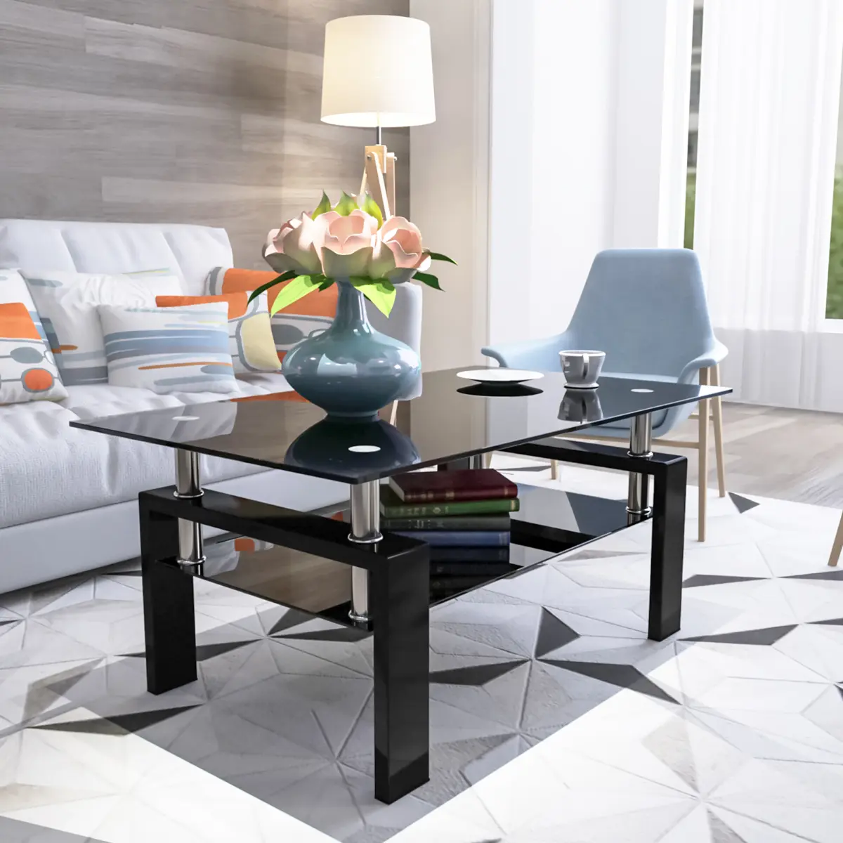 Modern Rectangle Glass Top Coffee Table - Self-Assembled Double Layer Tempered Glass Table with Iron Frame, Storage for Minimalist Decluttering, Living Room Decor & Office Use