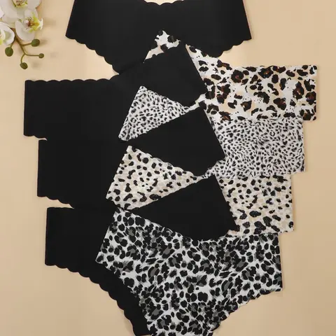 【Black Friday】Women's Leopard & Floral Print Scallop Trim Briefs, Comfortable Seamless Fitted Panties, V-Shaped Waistband, Soft Comfy Briefs for All Seasons, Stretchy Underwear