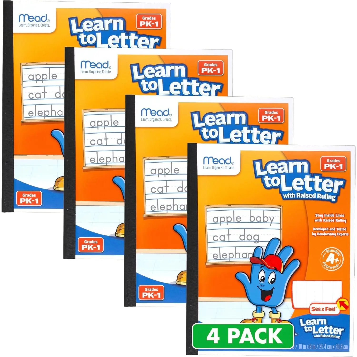 Mead Learn to Letter Writing Tablet, Handwriting Practice Pad Grades PK-1, 10" x 8", Solid & Dotted Raised Ruling, 40 Sheets, 4 Pack (480018)