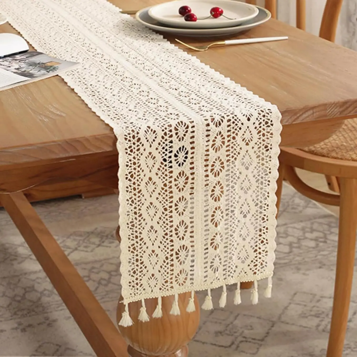 60 Inch Boho  Crochet Table Runner,  Beige Bohemian Lace Macrame Table Runner for Kitchen Coffee Dining Table Rustic  Living Room Bedroom Dresser Decor