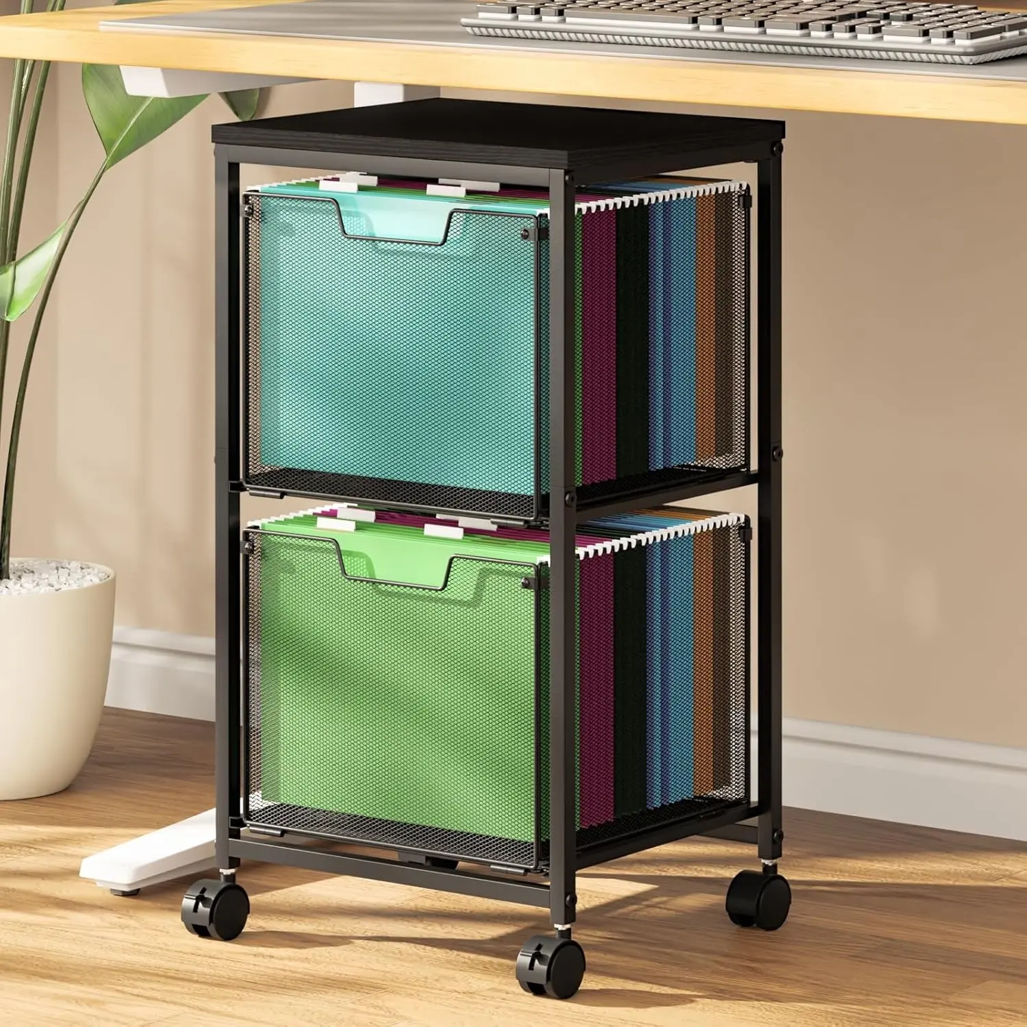 Rolling File Cart with 2 Storage Drawers, Mobile File Cabinet with Wheels, Hanging File Organizer, Desktop Under Storage, Home Office Use, Office Furniture