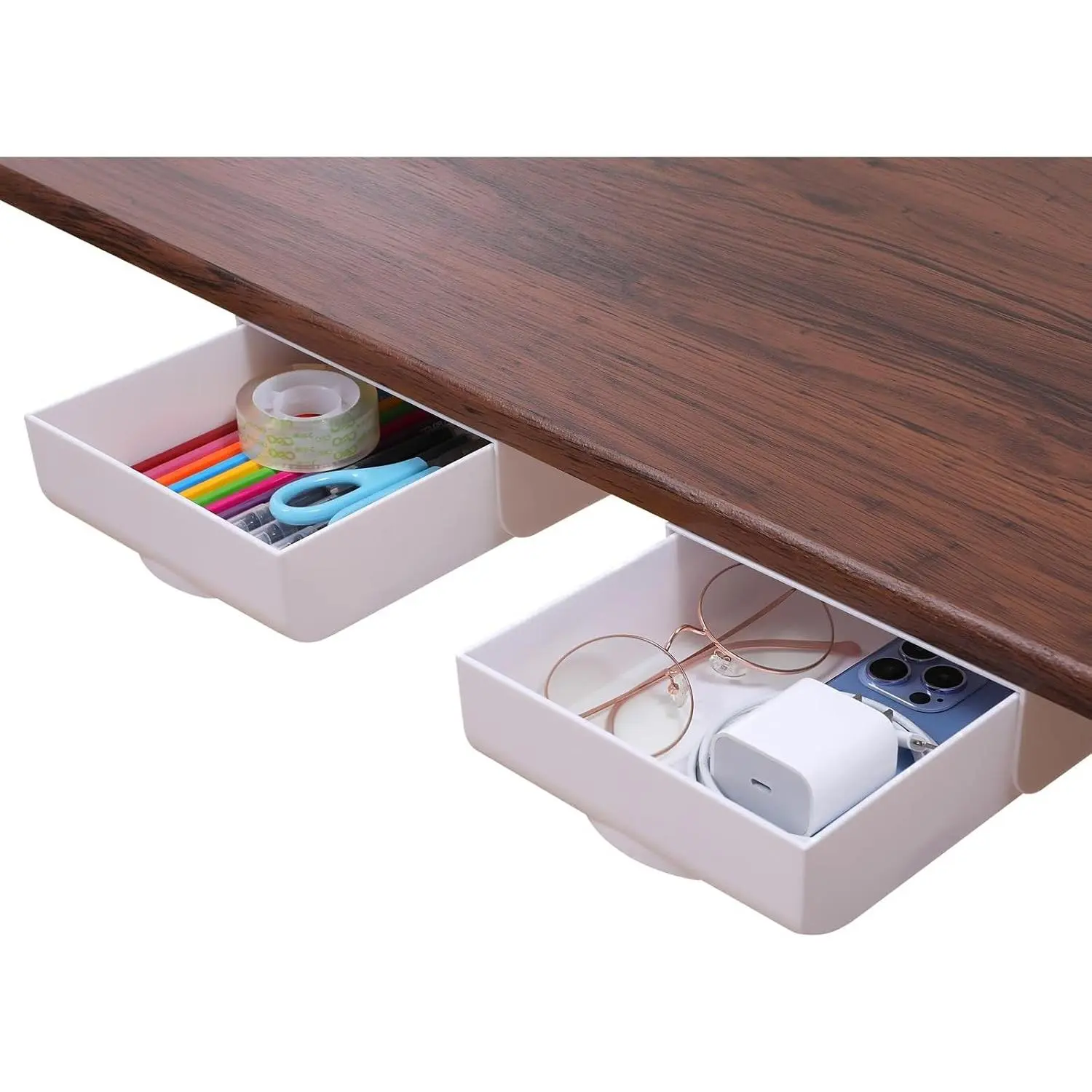 Under Desk Drawer, 2 Pack Self-Adhesive Slide-Out Hidden ABS Storage Box and Organizer for Office or School Stationery - White, 8x6 Inch
