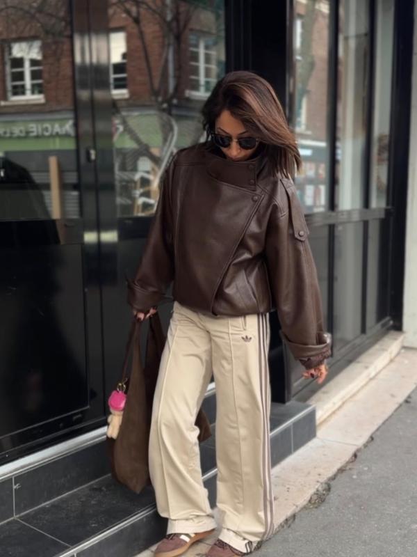 Women's Fashion Lychee-Grain PU Leather Jacket, European and American Style Biker Jackets for Autumn and Winter